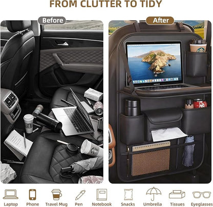 Car Backseat Organizer with Kick Mat & Foldable Tray, 2-Pack | Touchscreen Tablet Holder, Water Resistant PU Leather, Seat Back Protector with Storage Pockets, Road Trip Travel Accessories - Image 7