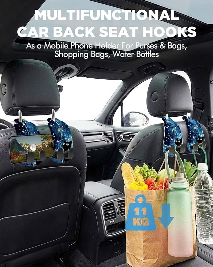 WOCOCN Purse Holder for Car, 2 Pack Heavy Duty Purse Hanger for Car | PU Leather Car Seat Hooks for Purses and Bags, Cute Floral Headrest Organizer for Handbags & Backpacks, Blue Starry Sky Cat - Image 2