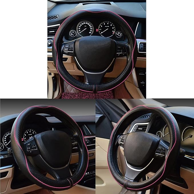 Car Steering Wheel Cover, Anti-Slip, Safety, Soft, Breathable, Heavy Duty, Thick, Full Surround, Sports Style (Black with Pink Line) - Image 3
