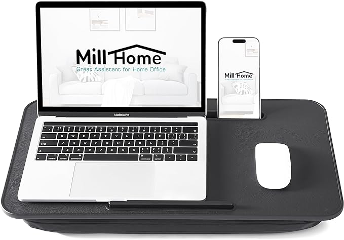Lap Desk with Cushion, Fits up to 17 inch Laptop, Pillow Designed, Portable Laptop Stand with Tray, Pad & Phone Holder, Home Office for Bed/Couch/Car/Reading/Writing,MillHome (Black) - Image 2