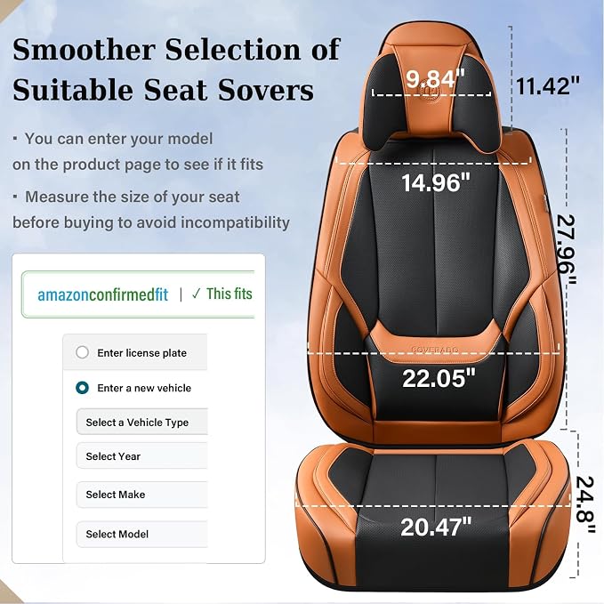 Coverado Universal Seat Covers Full Set, 5 Seats Universal Seat Covers for Cars, Waterproof Nappa Leather Car Seat Covers with Head Pillow, Auto Protectors Fit for Most SUV Pick-up Truck-Black&Brown - Image 6