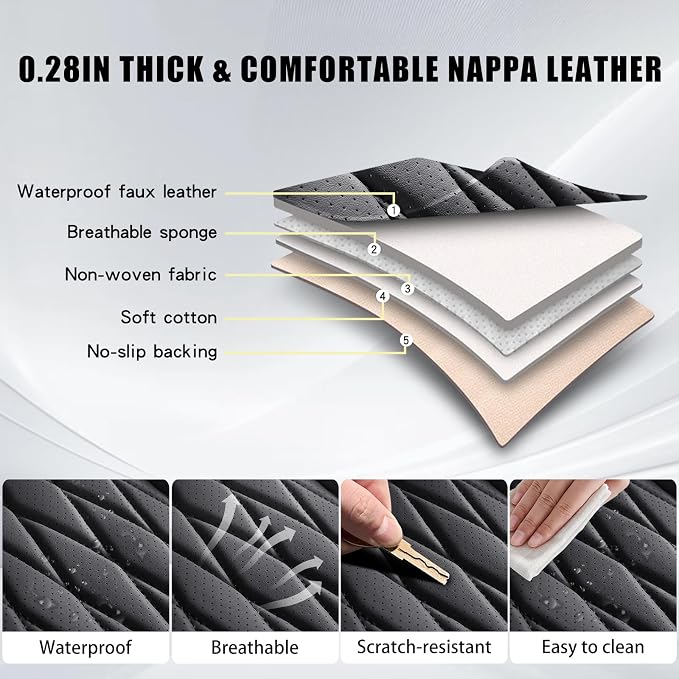 WELLDO Nappa Faux Leather Car Seat Covers Full Set, Black | Waterproof, Non-Slip Seat Protector, 0.28in Thickened Cushion, Airbag Compatible, Universal for Cars SUV Truck Pickup - Image 2