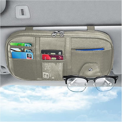 Car Sun Visor Organizer, Sunglass Holder and Storage Pocket, Card Cash Pouch with Multi-Pocket Net Zipper, Case Bag for License Pen Key, Auto Interior Accessories for Truck, SUV, Van (Beige) by BELOMI