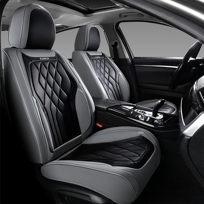 FLORICH Car Seat Covers Full Set, Leather Car Seat Protector, Waterproof Automotive Seat Cover with Anti-Slip Padded, Airbag Compatible, Universal Seat Covers Fit for Most Car - Gray&Black - Image 2