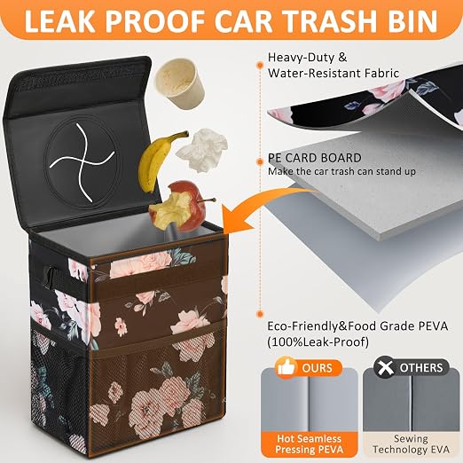 Vankor Car Trash Can with Lid Leak Proof Car Accessories for Women | 3 Gallon Cute Hanging Car Trash Bin for Men Car Truck Vehicle Sedan Interior Automotive Garbage Cans, Black Floral - Image 3