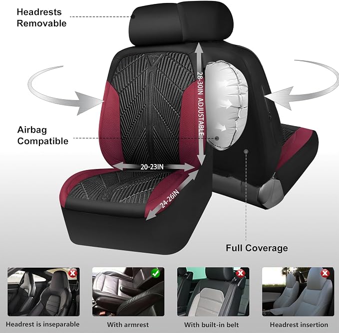 CAR PASS Waterproof Black Red Car seat Covers Front Seat Covers Neoprene Wetsuit,All-Weather Non-Slip Durable,Universal Fit for SUV Sedan Truck Automotive,Armrest Airbag Compatible,Emboss Black Red - Image 8