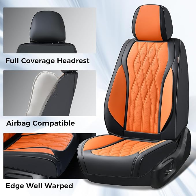 Coverado Front Seat Covers, Car Seat Protector, Waterproof Nappa Leather Cushion, Fit for Most Sedans SUV Pick-up Truck-Black&Orange - Image 3