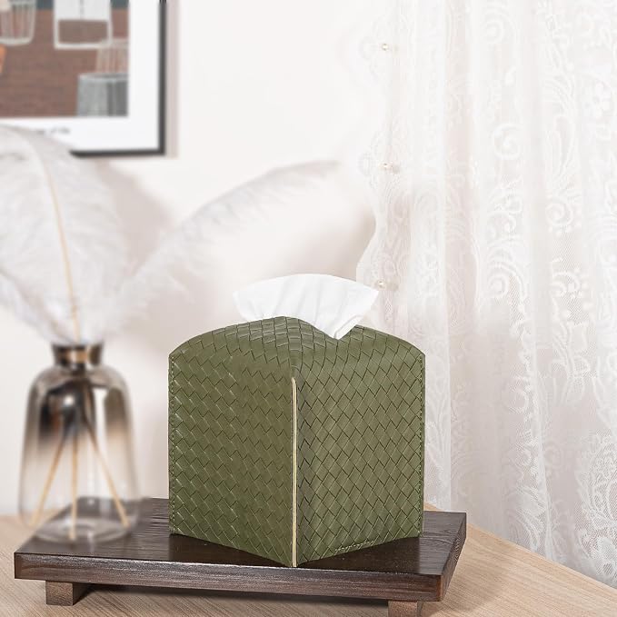 Tissue Box Cover Square Leather Facial Paper Holder, Olive Green | PU Leather，Easy to Fill, Easy Clean, Decorative Cube Tissue Box Holder for Office, Bathroom,Kitchen, Living room, Guest room - Image 2