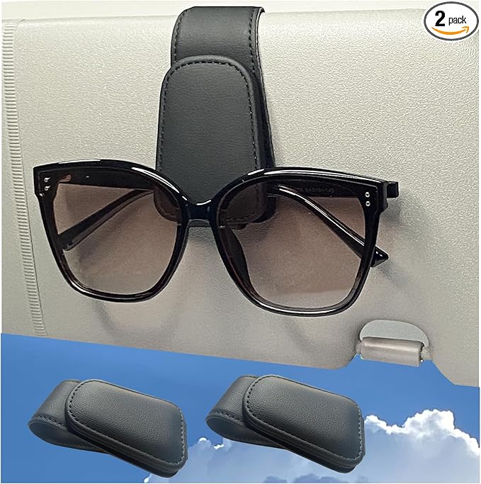 2 Packs Magnetic Sunglasses Holder for Car, Sunglass Clip for Visor(Black) | Leather Car Eyeglass Holder and Ticket Card Clip, Suitable for Different Size Eyeglasses, Interior Car Accessories by Unknown