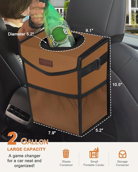 Pritent Car Trash Can with Lid Leakproof Car Garbage Bag Vehicle Trash Bin | Hanging Automotive Garbage Can,Multipurpose Car Accessories for Women Men Interior Car Storage Organizer(2 Gal,Brown) - Image 2