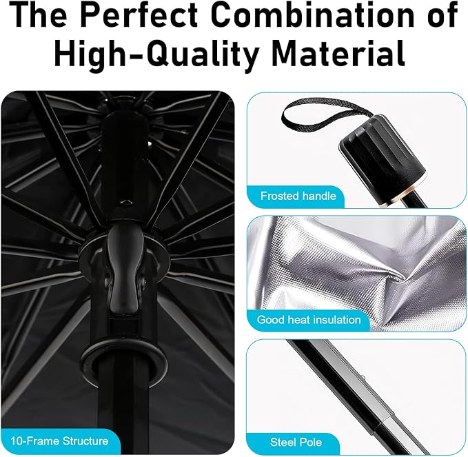 Car Windshield Sun Shade Umbrella, Heat Insulation & Sun Reflective Shield, Telescopic Quick Setup Front Window Sunshade, Universal Portable Cover for Most Vehicles (Silver) - Image 3