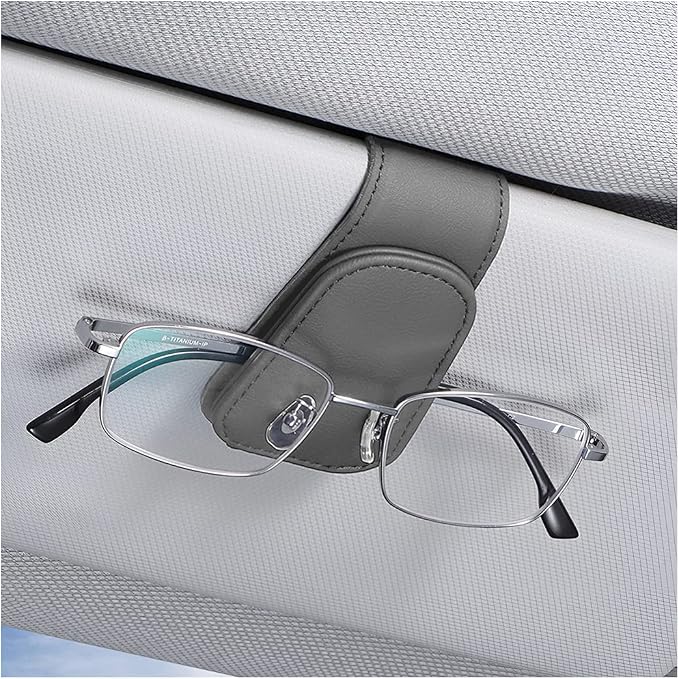 AICEL Sunglasses Holders for Car Sun Visor, Leather Magnetic Clip, Gray | Leather Eyeglasses Hanger Mounter, Magnetic Glasses Holder and Ticket Card Clip, Car Accessories, Universal Fit by AICEL