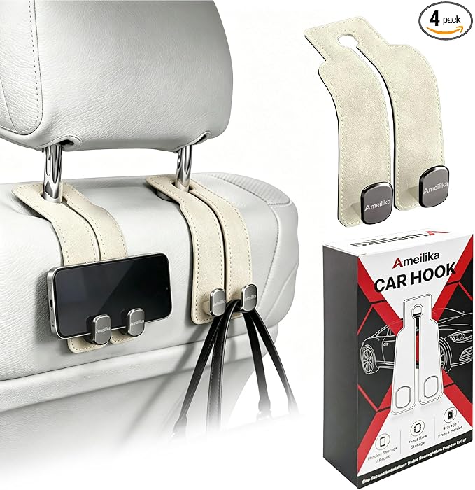 Car Headrest Hook, Beige, 2-Pack by Ameilika