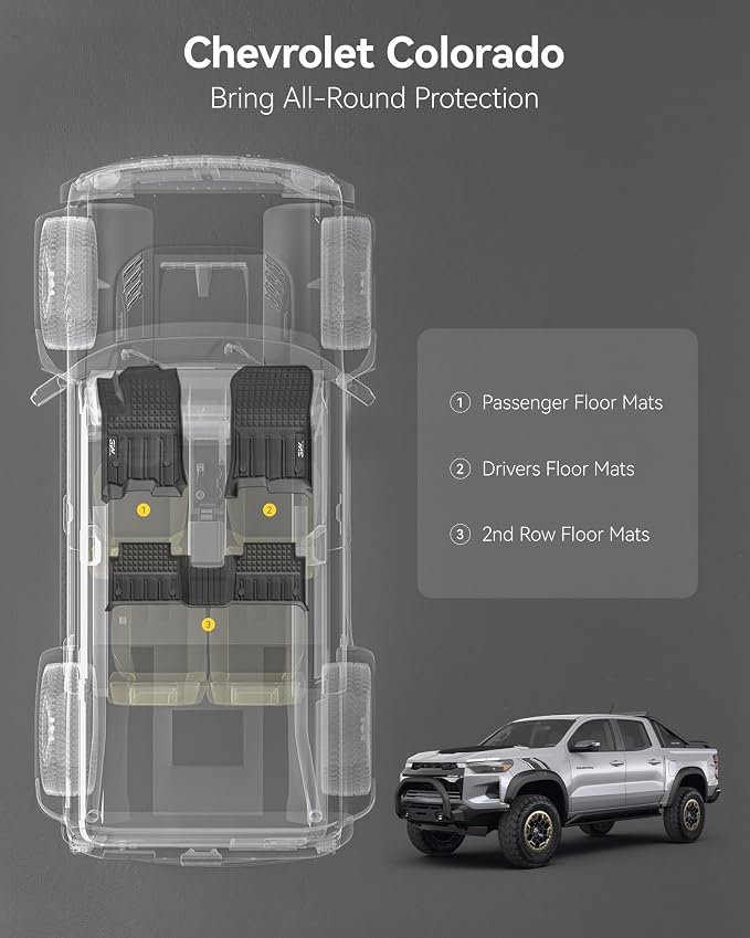 3W Floor Mats for Chevrolet Chevy Colorado/GMC Canyon Crew Cab 2023-2026 | All Weather TPE Custom Fit Floor Mats for Cars, 1st and 2nd Row Car Floor Mats, Black - Image 7
