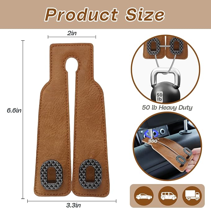 Car Headrest Hooks Universal Car Purse Hook Premium Leather and Alloy Twin Hook Car Seat Back Storage Hanger Hook for Purse Bags Cloth Drink Durable Holder Car Accessories (BH09-Brown-Black) - Image 6