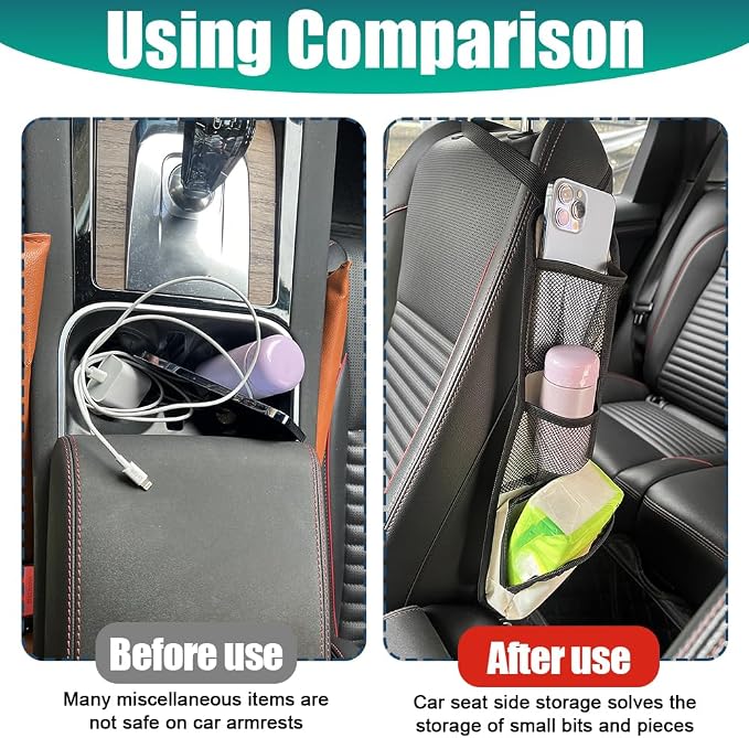 Car Seat Storage Hanging Bag, Car Seat Side Organizer, Multifunctional Cars Mesh Net Pocket, Multi-Pocket Seats Side Storage Interior Accessories Universal for Cars SUV Truck (Ivory White, 1PCS) - Image 5