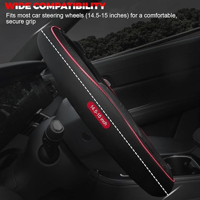 Ouzorp Car Steering Wheel Cover, Microfiber Leather Steering Wheel Covers with Anti-Slip Lining, Universal 14.5-15 inchs Black with Red line - Image 2