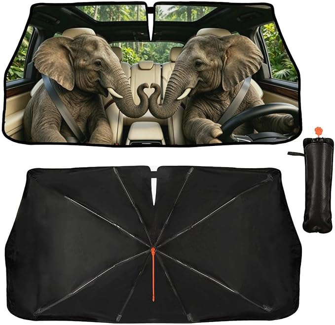 Elephant Driving Car Windshield Sun Shade Umbrella Elephant Gifts for Women Foldable Funny Animal Sunshade for Car Windshield Block UV Rays for Fits Most Sedans SUV Trucks Cars 57"x30" by DOPINDU