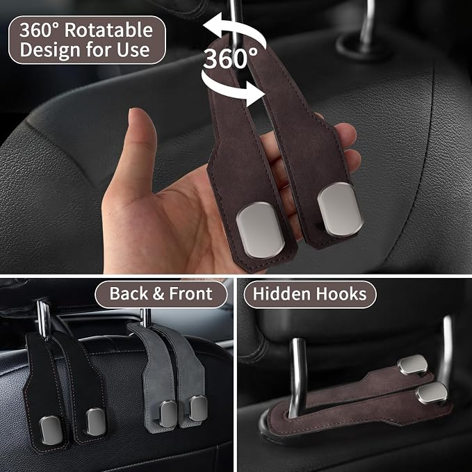 Car Purse Hook, Car Seat Headrest Hooks, Brown Leather 2 Pack | Car Purse Holder Hooks, Universal Car Hangers Seat Back Organizer Storage, Double Metal Hooks for Grocery Purses and Bags - Image 2