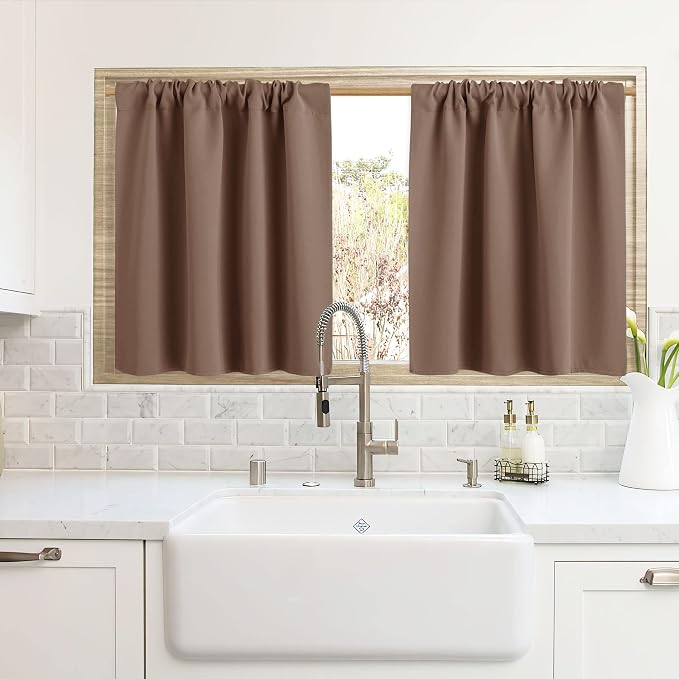 RYB HOME Cafe Blackout Curtains 24 inch Length for RV Camper Kitchen Window | Temperature Regulating, Light UV Blocking, Privacy Protection, Short Small Half Window Tiers, W42 x L24, Mocha, 2 Panels by RYBHOME