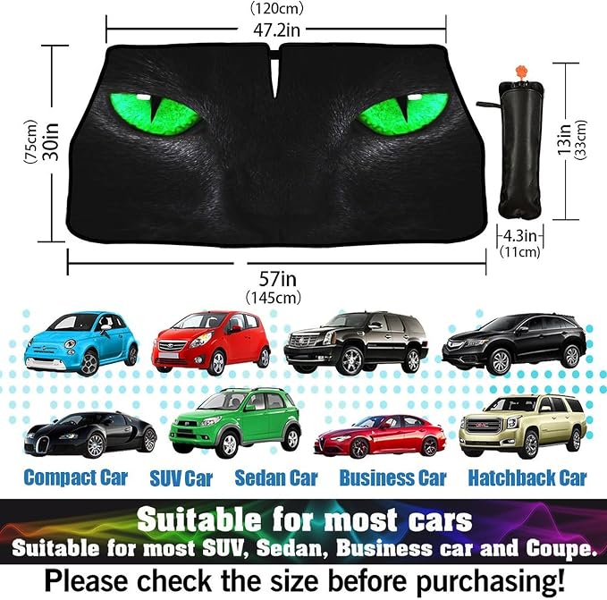 Socira Cat Eyes Car Windshield Sun Shade Umbrella Style Sunshade Funny | Block UV Rays Sun Visor Protector Auto Windshield Sunshade to Keep Vehicle Cool for Cars Trucks & Suvs 57 X 30 in - Image 2