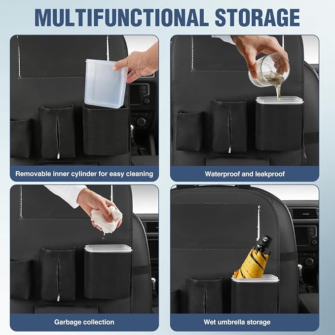 Nilight Car Seat Back Organizer 2PCS Black PU Leather Universal | Cup Holder Tissue Box Removable Bucket Waterproof Multifunctional Storage Bag for Cars Vans SUVs MPVs Pickup Trucks - Image 5