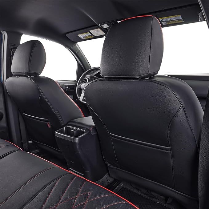 EKR Custom Fit Tacoma Rear Car Seat Covers for Toyota Tacoma 2016 2017 2018 2019 2020 2021 2022 2023 Access Cab - Second Row Only,Faux Leather(Black with Red Trim) - Image 3