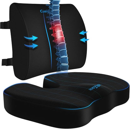 CushZone X-Large Seat Cushion and Lumbar Support Pillow for Office, Black | Thick Memory Foam for Sciatica Pain Relief & Posture Correction, Non-Slip Chair Cushions for Car, Wheelchair and Travel by CushZone