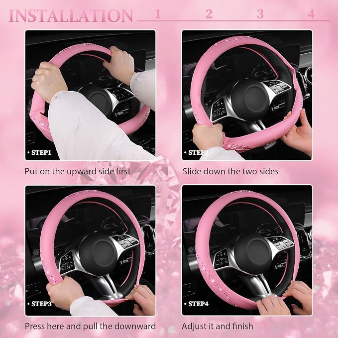 CAR PASS Bling Diamond Pink Leather Steering Wheel Cover, Studded Shining Rhinestones Universal Fit 14" 1/2-15" Glitter Sparkly Crystal Fit for Women Girl SUV,Vans,Sedans,Car,Trucks, Pink Diamond - Image 7