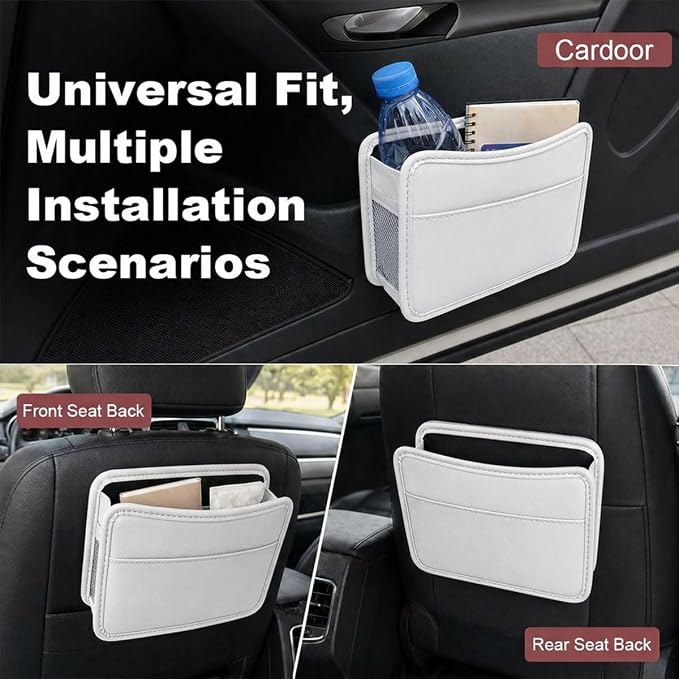 Car Seat Side Pocket Organizer, Leather Sewn Multifunctional Automotive Trash Bag, Small Vehicle Door Pouch for Cell Phone, Key, Wallet, Sunglasses (White) - Image 6