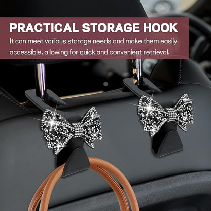2PCS Bling Bow Car Seat Headrest Hook, Cute Bow Purse Hanger for Cars, Crystal Rhinestone Auto Seat Back Storage Hanging Hooks for Handbag Umbrella Coat Grocery Bags, Car Accessories (Black) - Image 6
