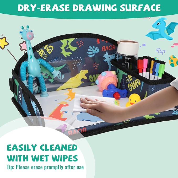 Kids Travel Tray for Airplane - Toddler Car Seat Table Tray, Road Trip Essentials for Boys & Girls, Carseat Lap Desk for Kids Road Trip Activities, Dinosaur - Image 7