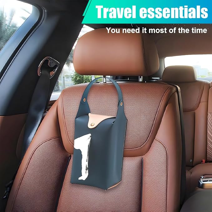 Car Tissue Holder, Large Car Headrest Hanging Tissue Box Cover, PU Leather Auto Napkin Holder, Universal Vehicle Backseat Paper Organizer for Cars Sun Visor (Blue) - Image 6