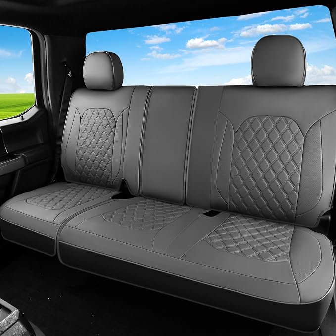 Huidasource Gray Rear Seat Covers Fit for Ford F150 2015-2026 & F250 F350 F450 2017-2026 Crew Cab XL XLT Lariat King Ranch Platinum, Nappa Leather Waterproof Rear Bench Car Seat Cover by Huidasource