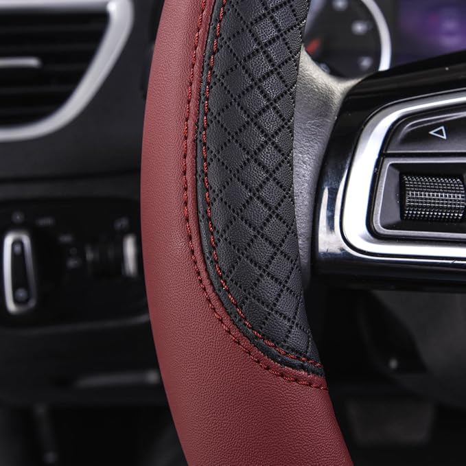 CAR PASS Rhombus Leather Universal Steering Wheel Cover, Fit for Suvs,Trucks,Cars,Sedans,Vans (Black&Burgundy) - Image 4