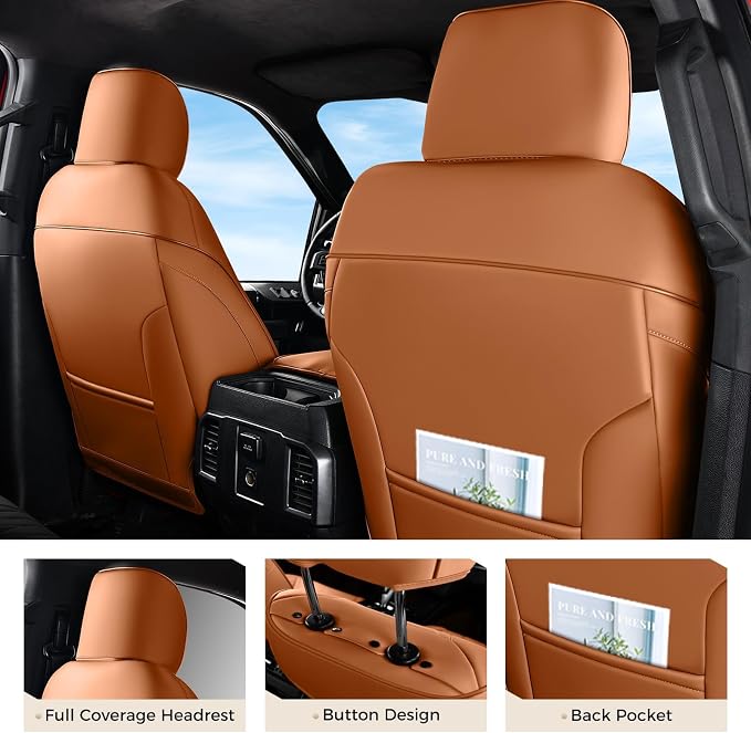Coverado Premium Leather Front Seat Covers Waterproof Heavy-Duty Protectors Custom Fit for Ford F150 (2015-2026) F250/F350/F450 (2017-2026)-Orange, Stain-Resistant - Image 2