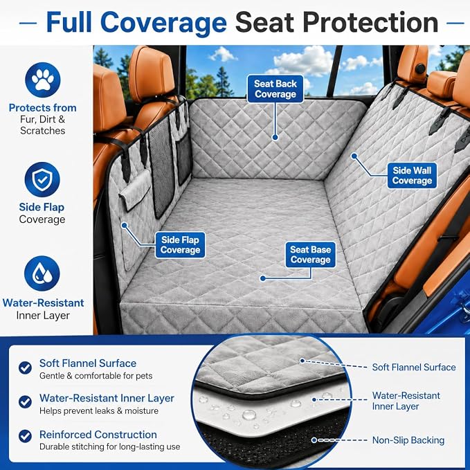 IJVAE Dog Car Seat Cover for Back Seat, Gray Flannel Hard Bottom Back Seat Extender Holds Up to 500 lbs, Waterproof Backing, Nonslip Dog Hammock for Cars, SUVs and Small Trucks - Image 7