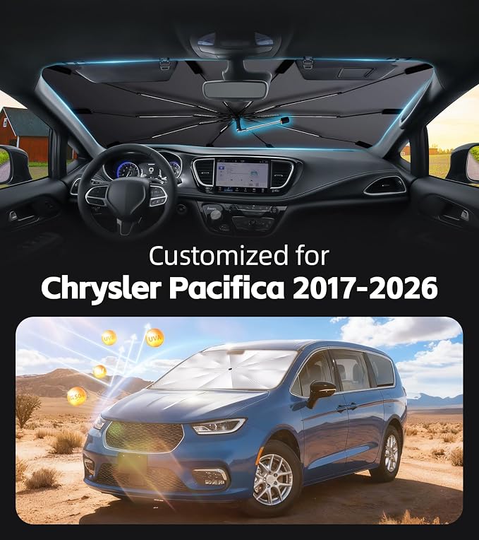 Windshield Sunshade for Chrysler Pacifica 2017-2026 with 360°Rotating Shaft | Custom Fit Umbrella Sunshade for UV Blocking, Interior Heat Protection, Easy Storage, UPF 50+ Cool Windshield Cover - Image 2