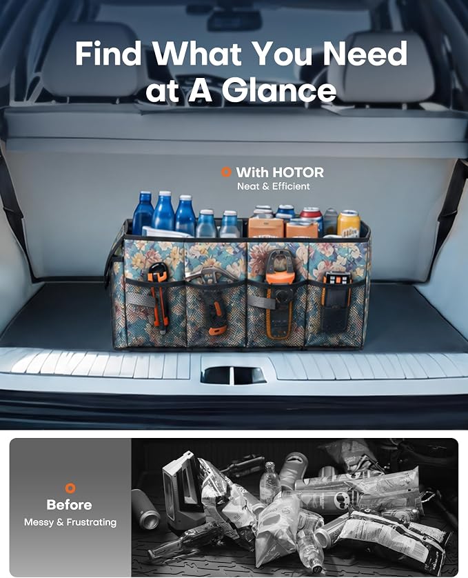 HOTOR Trunk Organizer - Foldable Car Organizer for SUVs & Sedans Storage | Sturdy Car Organization for Men & Women, Car Accessories Tools, Sundries, Blue Flower, 2 Compartments, 21.3" x 12.6" x 10.6" - Image 6