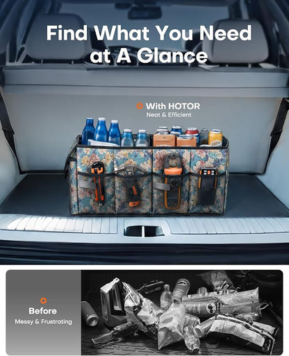 HOTOR Trunk Organizer - Foldable Car Organizer for SUVs & Sedans Storage | Sturdy Car Organization for Men & Women, Car Accessories Tools, Sundries, Blue Flower, 2 Compartments, 21.3" x 12.6" x 10.6" - Image 6