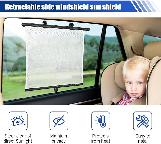 2PCS 18"×14" Car Side Window Sun Shade for Baby/Kids, White | Retractable Roller Car Window Shade with Suction Cups, Block Heat & UV Rays Glare Protection, Baby Travel Accessories for Car - Image 3
