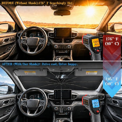 Car Windshield Sun Shade Umbrella, Universal Fit Mid-Large Sedan SUV | 57 x 31" Car Sun Visor, Foldable UV Heat Blocking Front Window Sunshade with Rearview Mirror Cutout, Cute Eyes Series - Image 2