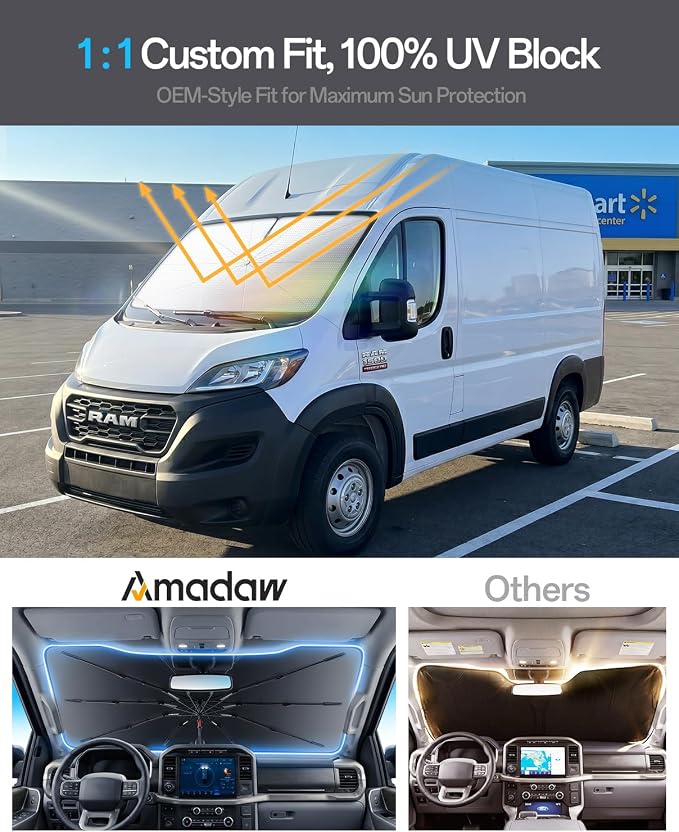 Windshield Sun Shade for Ram ProMaster 1500 2014–2026, Foldable Umbrella Sunshade with 100% UV Block, Multi-Layer Heat Insulation, Reinforced 10-Rib Frame, Keeps Car Cooler - Image 3