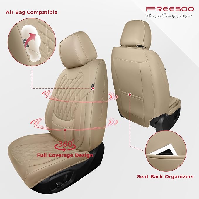 FREESOO Car Seat Covers Full Set Faux Leather Universal Fit Beige | faux nappa leather seat covers, waterproof breathable, full set lumbar support, front rear covers, fit sedans suvs pickups - Image 2