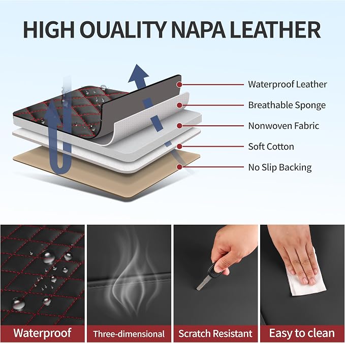 Black and Red Thick Nappa Leather Automotive Front Car Seat Covers Set of 2 | Univerasal Fit,Lumbar Support,3D Contoured,Waterproof,for most Suvs Trucks Sedans - Image 6