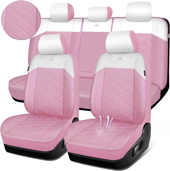 CAR PASS Memory Foam Leather Seat Covers Full Set, Breathable Luxury Perforated Nappa Leather Seat Covers Universal Fit for Car,SUV,Truck Seat Covers Thick 3D Foam Comfort,Airbag Compatible Pink White by CARPASS