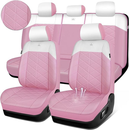 CAR PASS Memory Foam Leather Seat Covers Full Set, Breathable Luxury Perforated Nappa Leather Seat Covers Universal Fit for Car,SUV,Truck Seat Covers Thick 3D Foam Comfort,Airbag Compatible Pink White by CARPASS