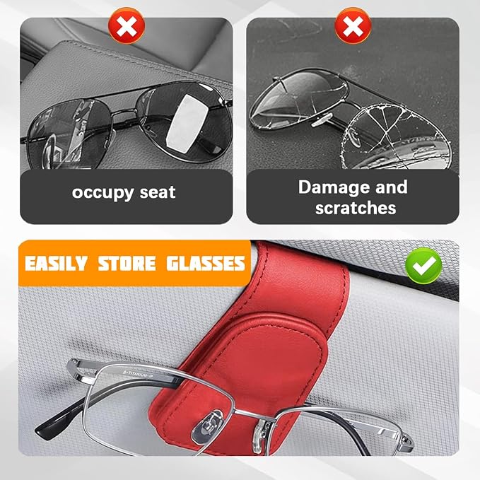 Sunglasses Holder for Car Visor, Microfiber Leather Magnetic Sun Visor Eyeglasses Hanger & Ticket Card Clip, Multi-Function Automotive Interior Glasses Mount, Universal Fit (Red) - Image 5