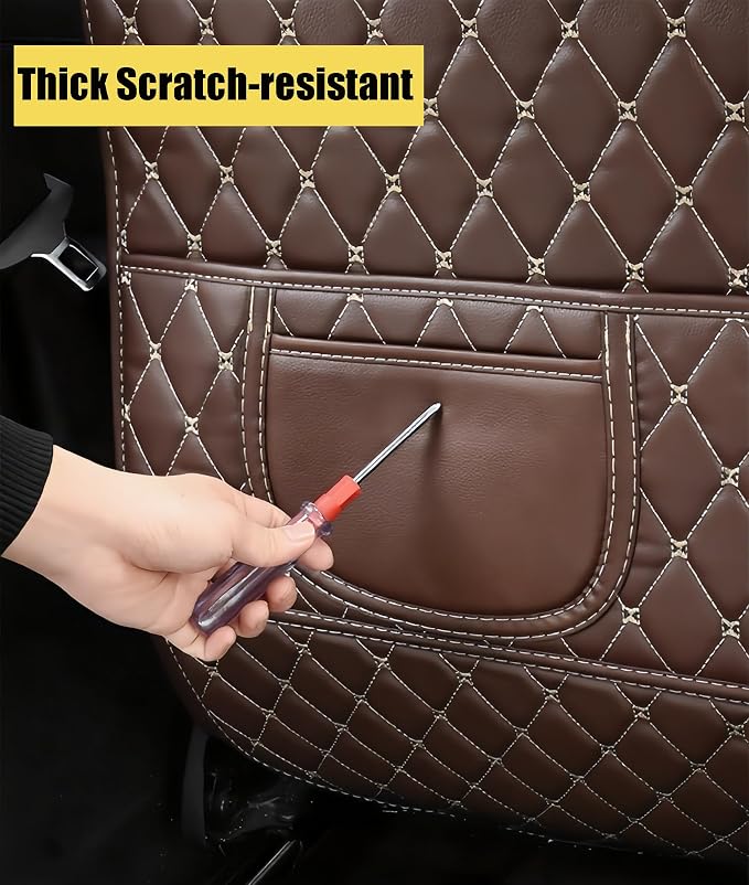 Leatherette Car Seat Protector - 2 Pack Large Car Kick Mats with Storage Organizer Seat Back Cover Against Dirty Shoes & Scratches, Universal Fit for Most Vehicles (Coffee) - Image 2