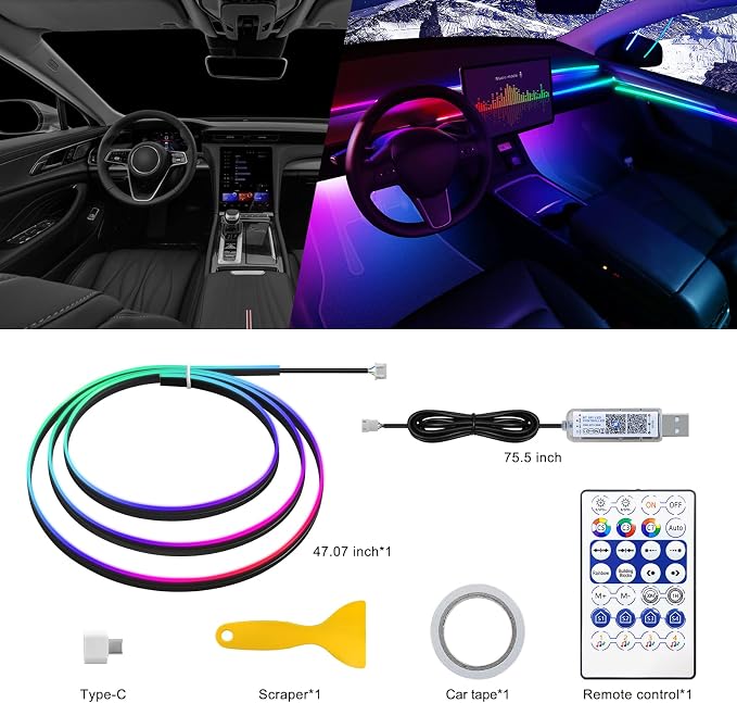 Dreamcolor Acrylic Interior Car LED Strip Light with USB/Type C, 47.24 inches Fiber Optic Ambient Lighting Kits, 16 Million Colors Sound Active Function - Image 3